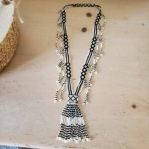 Vintage Boho Hippie Navajo Black White Seed Beaded Tassel Necklace And  EXTRA